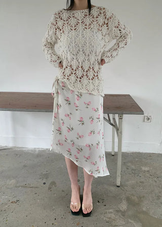 (2 colors) Floral print asymmetrical skirt