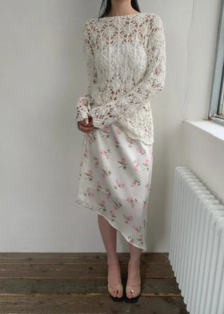 (2 colors) Floral print asymmetrical skirt