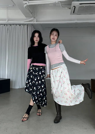 (2 colors) Floral print asymmetrical skirt