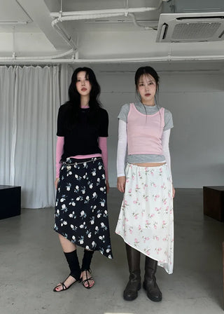 (2 colors) Floral print asymmetrical skirt