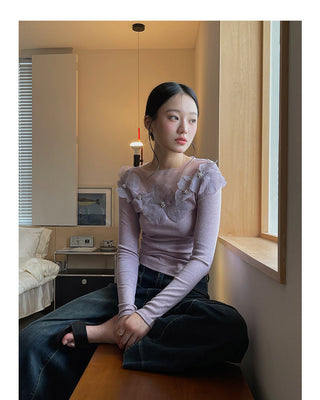 Retro Lace Flower Stitching Knitted top