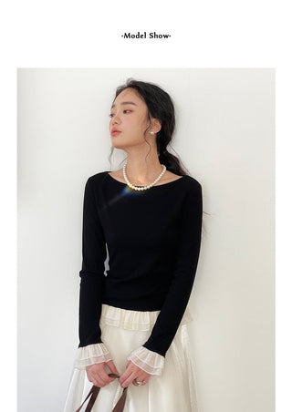 French color contrast lace long sleeve shirt