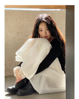 French color contrast lace long sleeve shirt