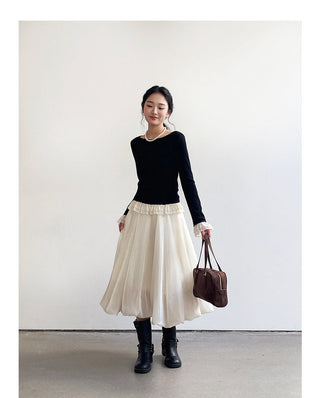 French color contrast lace long sleeve shirt