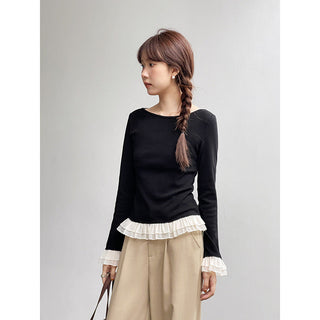 French color contrast lace long sleeve shirt