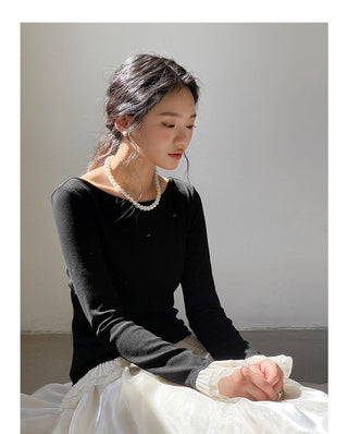 French color contrast lace long sleeve shirt