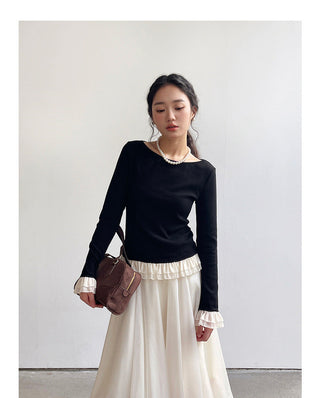 French color contrast lace long sleeve shirt