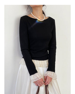 French color contrast lace long sleeve shirt