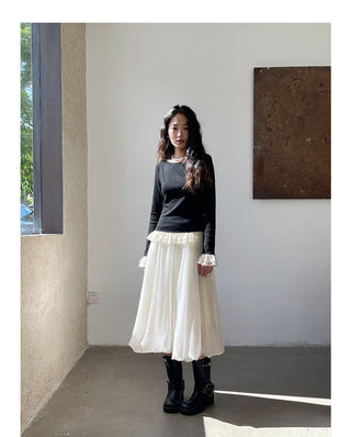 French color contrast lace long sleeve shirt