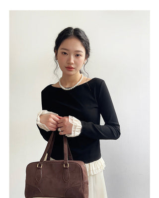 French color contrast lace long sleeve shirt