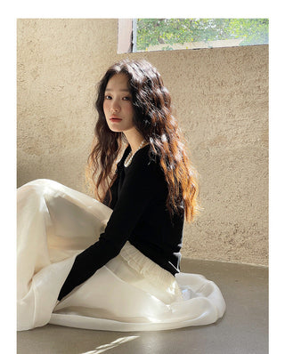 French color contrast lace long sleeve shirt