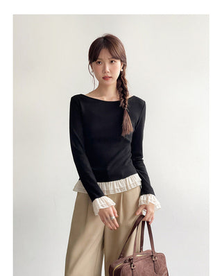 French color contrast lace long sleeve shirt