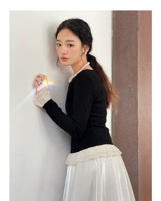 French color contrast lace long sleeve shirt