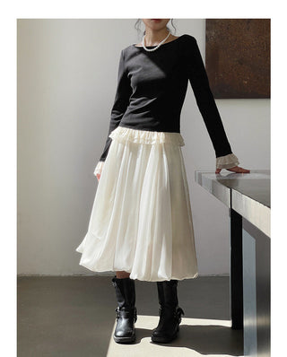 French color contrast lace long sleeve shirt