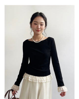 French color contrast lace long sleeve shirt