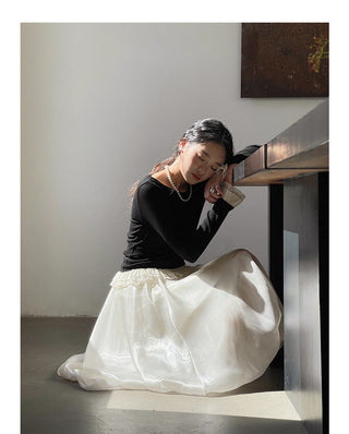 French color contrast lace long sleeve shirt