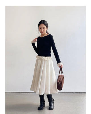 French color contrast lace long sleeve shirt