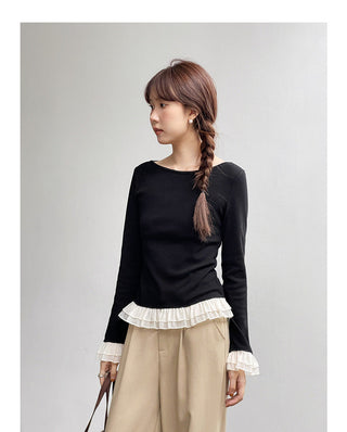 French color contrast lace long sleeve shirt