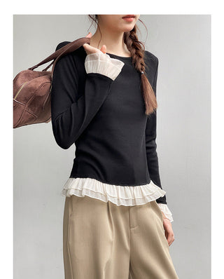 French color contrast lace long sleeve shirt