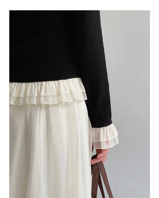 French color contrast lace long sleeve shirt