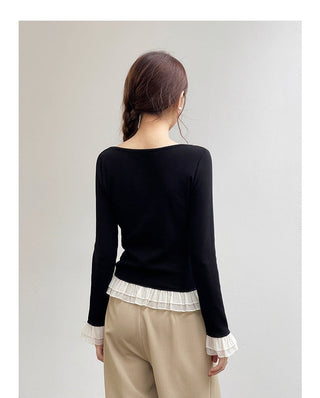 French color contrast lace long sleeve shirt