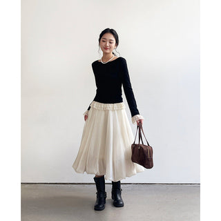 French color contrast lace long sleeve shirt