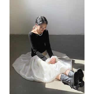 French color contrast lace long sleeve shirt