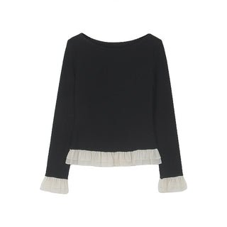 French color contrast lace long sleeve shirt