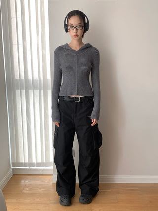 Retro ribbed hooded sweater