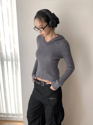 Retro ribbed hooded sweater