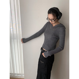 Retro ribbed hooded sweater