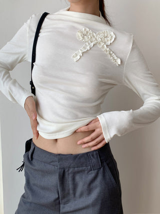 Bow Half-turtleneck Slim-fit Top