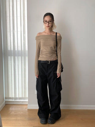 Korea off Shoulder Pleated Long Sleeve T-shirt