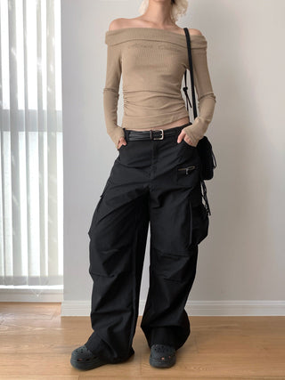 Korea off Shoulder Pleated Long Sleeve T-shirt