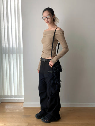 Korea off Shoulder Pleated Long Sleeve T-shirt