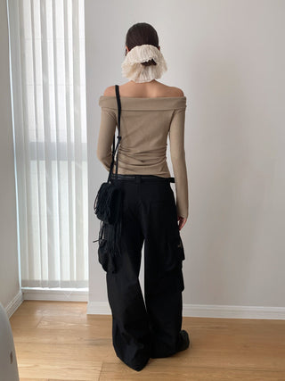 Korea off Shoulder Pleated Long Sleeve T-shirt