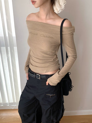 Korea off Shoulder Pleated Long Sleeve T-shirt