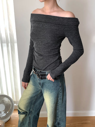 Korea off Shoulder Pleated Long Sleeve T-shirt