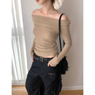Korea off Shoulder Pleated Long Sleeve T-shirt