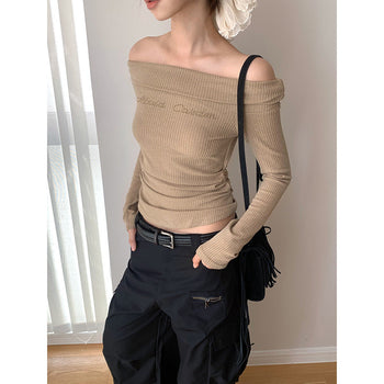 Korea off Shoulder Pleated Long Sleeve T-shirt