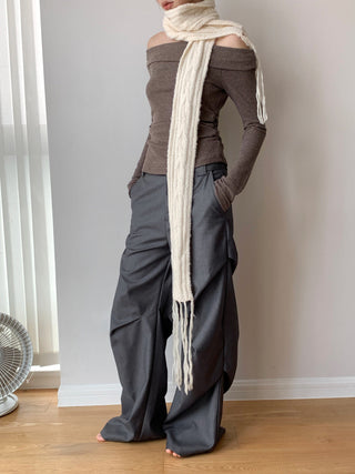 Korea off Shoulder Pleated Long Sleeve T-shirt