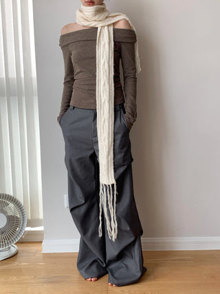 Korea off Shoulder Pleated Long Sleeve T-shirt