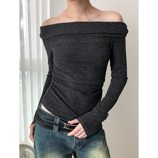 Korea off Shoulder Pleated Long Sleeve T-shirt