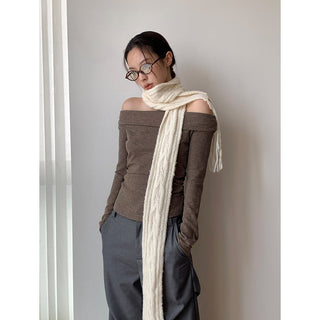 Korea off Shoulder Pleated Long Sleeve T-shirt