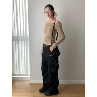 Korea off Shoulder Pleated Long Sleeve T-shirt