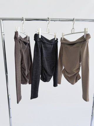 Korea off Shoulder Pleated Long Sleeve T-shirt