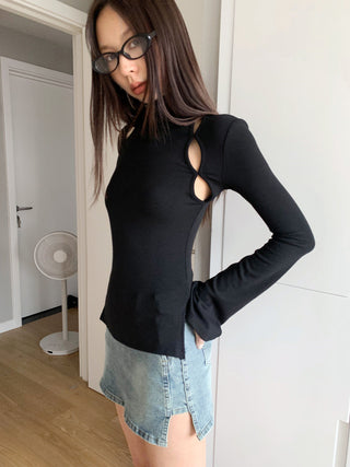 Half-turtleneck Hollow Long-sleeved T-shirt