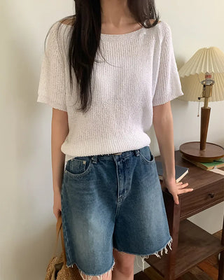 Shoulder strap slit off-shoulder summer short-sleeved knit