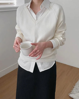 (8 colors) High-gauge V-neck raglan knit