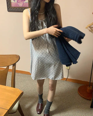 Checked Shirred Ribbon Camisole Dress